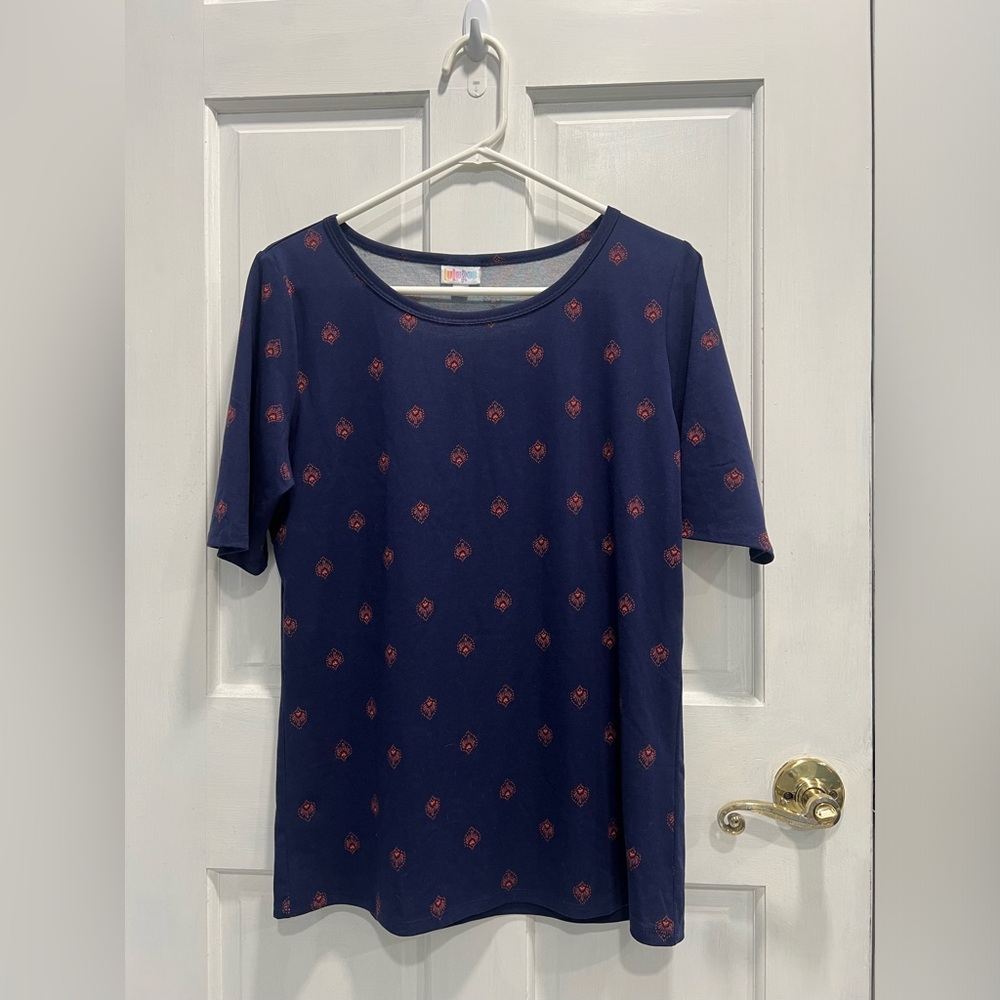 LULAROE Gigi Navy Coral Seashell Pattern 3/4 Sleeve Stretchy Shirt SIZE XL 16-18